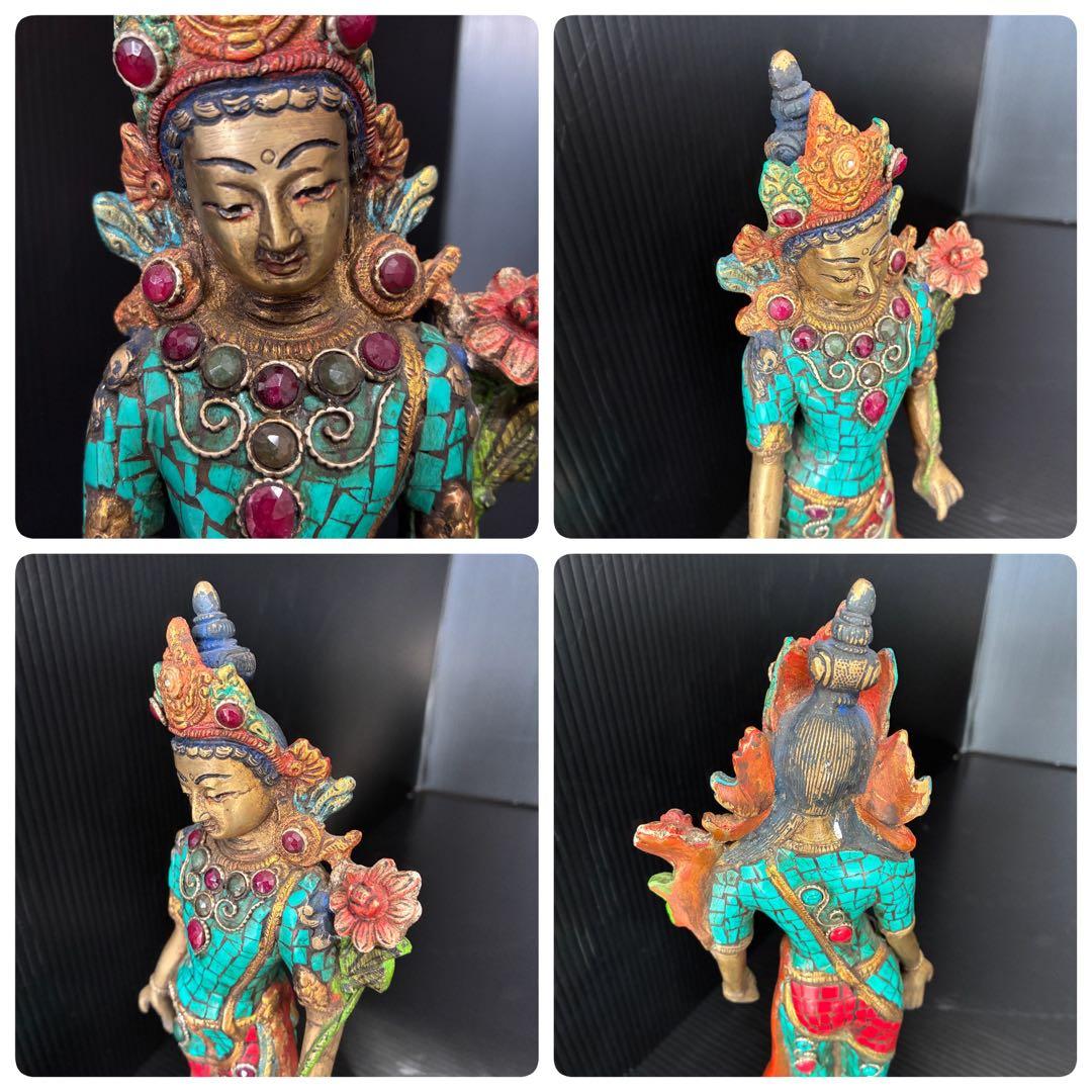 チベット 仏教 仏像 観音菩薩 ターコイズ象嵌 ブロンズ1.9kg 29cm
