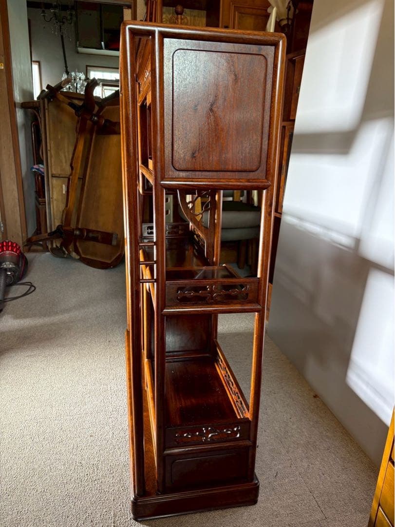 引渡限定　最高級 和家具 茶箪笥 飾り棚 彫刻入り 紫檀調 W90×H105cm