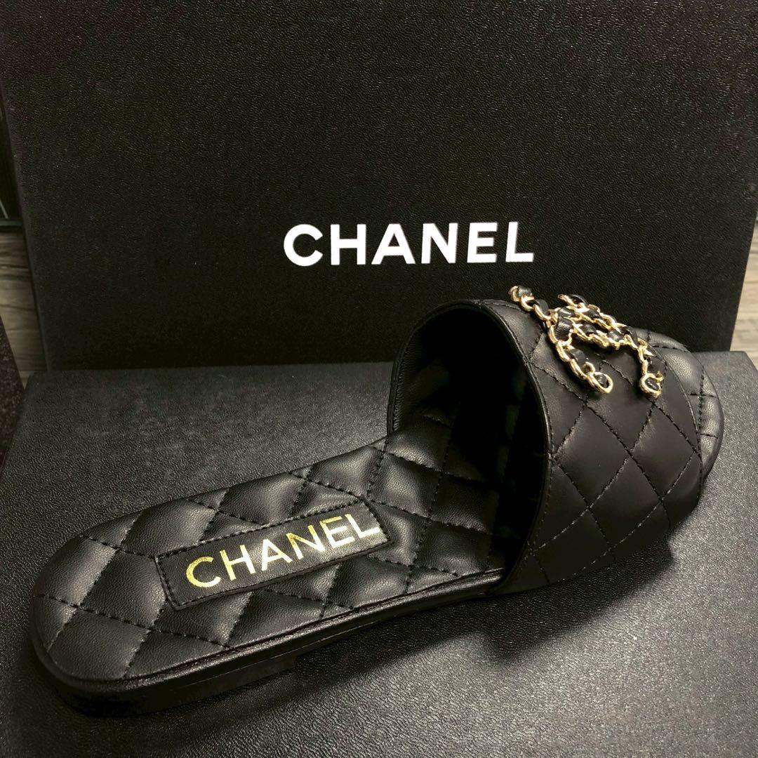 CHANEL チェーンココマーク キルティング サンダル ブラック