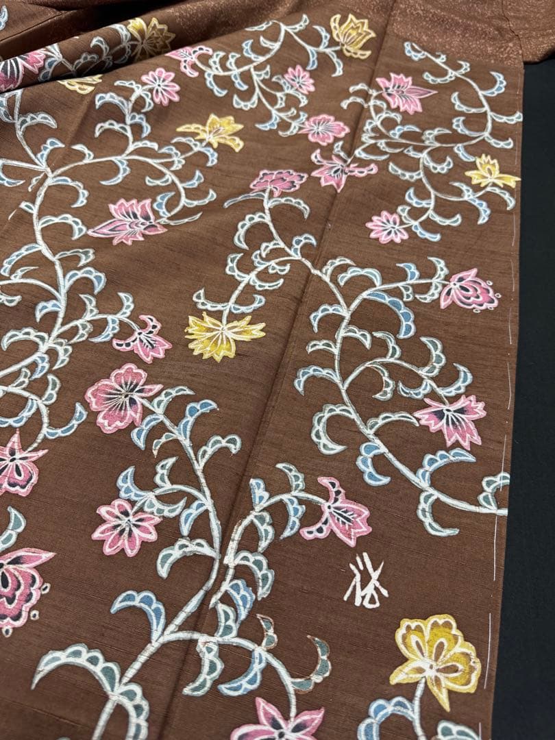 【銘品新品】京都老舗銘店「京ごふく細尾」 「木版染め」小千谷紬 玉糸 トール寸