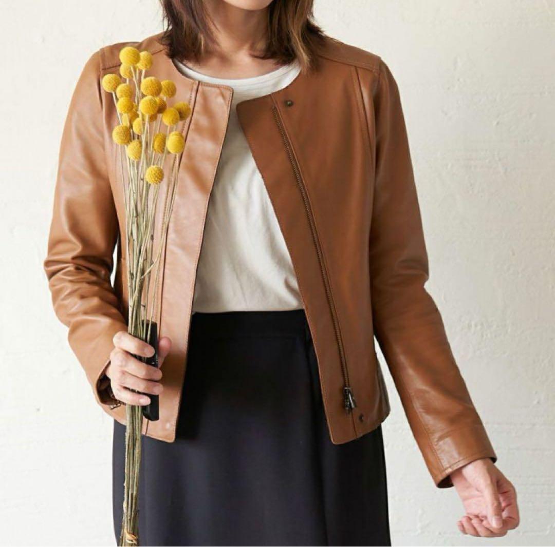 もりのがっこう ラムレザーノーカラージャケットブルゾン キャメル