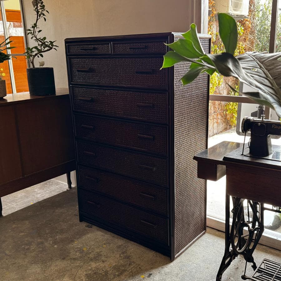 希少 お洒落な 網代引戸箪笥 家具 7段 和モダン アジアン ラタン レトロ