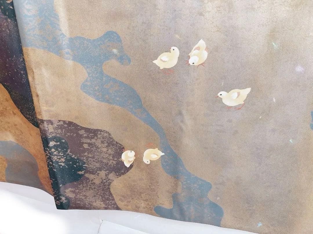 手描きの鶏ニワトリとひよこが可愛い箔の袋帯　六通　グレー灰色金箔銀箔