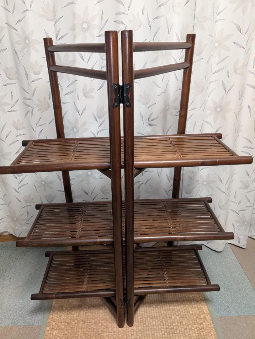 古家具　民芸　竹工芸　三段棚　折り畳み