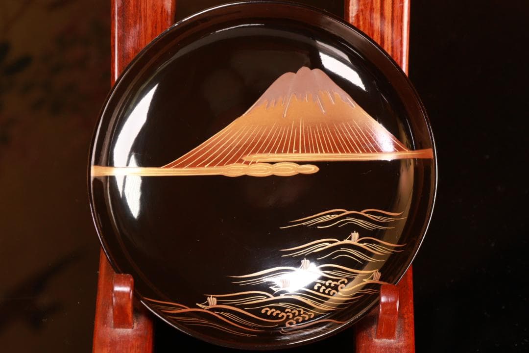 BJ021　時代輪島　雲上富士図金蒔絵　吸物椀　五客　木製　茶道具　懐石　菓子