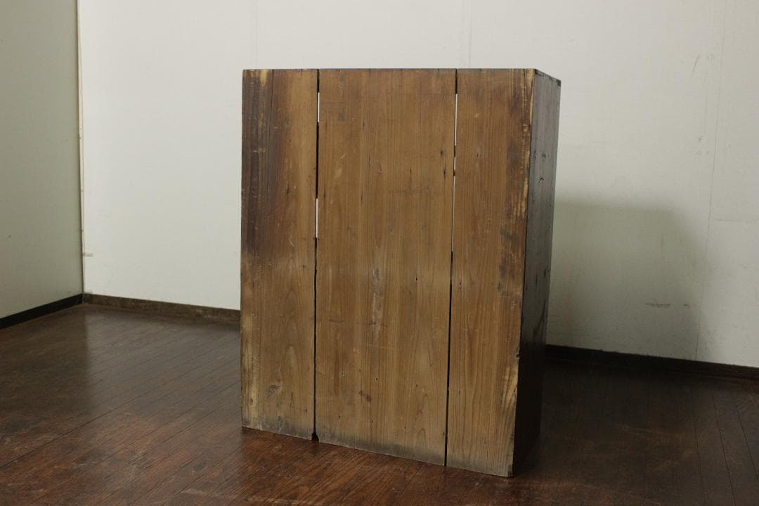 昭和レトロ 古い木製茶箪笥 モールガラス 戸棚 食器棚 古家具 欅 古材