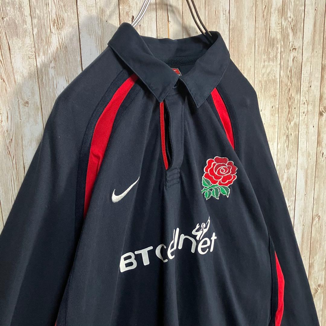 659【90s-00s】NIKE イングランド代表　ラガーシャツ　刺繍ロゴ　XL