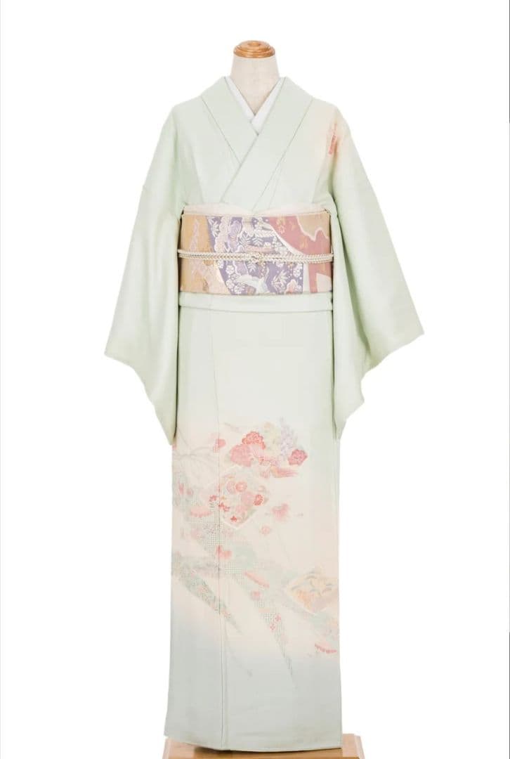 蘇州刺繍　訪問着　袋帯　セット　ぼかし染め　花鳥・宝尽くし　白緑・秘色・乙女色