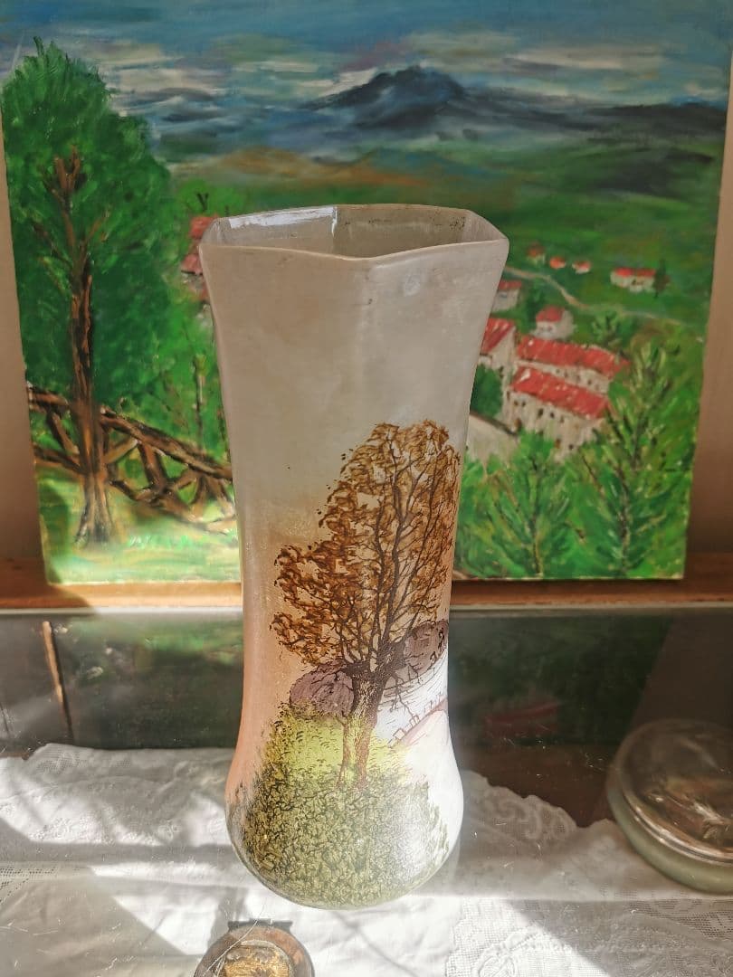 アンティーク ルグラ 橋上の母娘 ≒29㎝大型ガラス花瓶 アールヌーヴォー手描