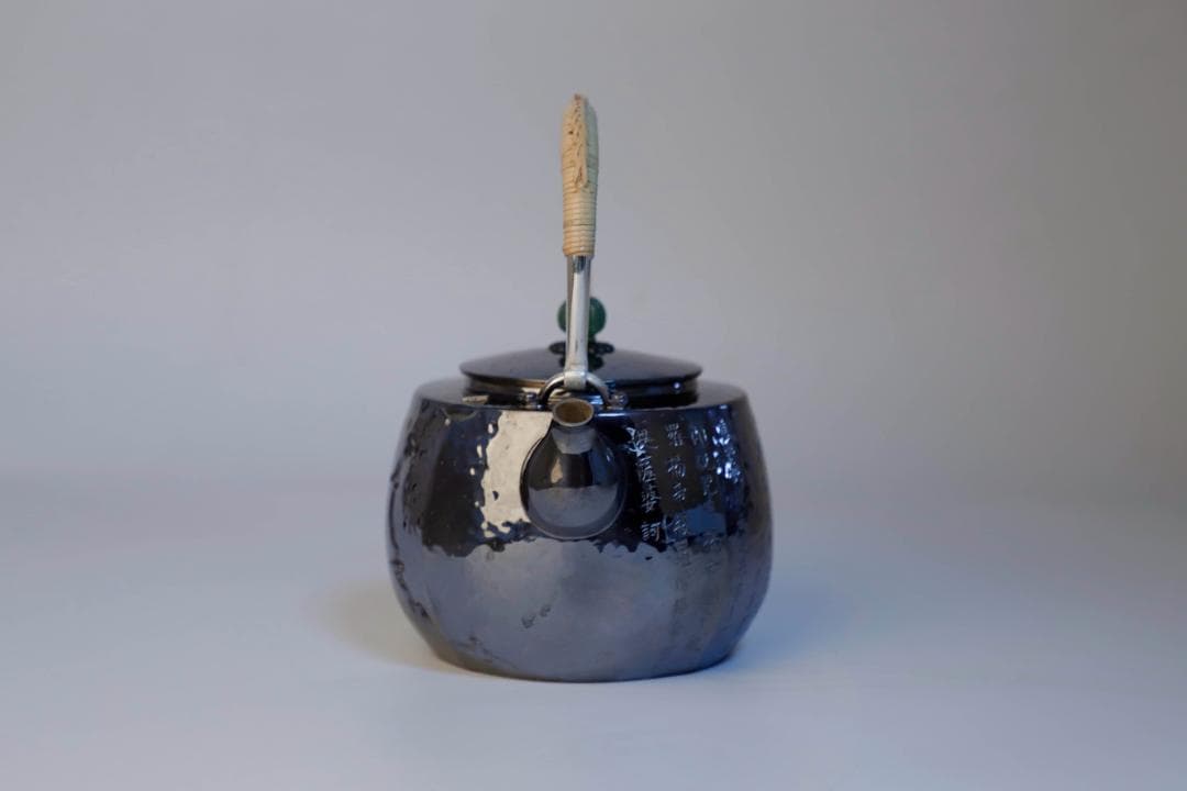 純銀製 四面取般若心経文彫 パッチ 玉摘 湯沸 銀瓶 煎茶道具 重さ715g