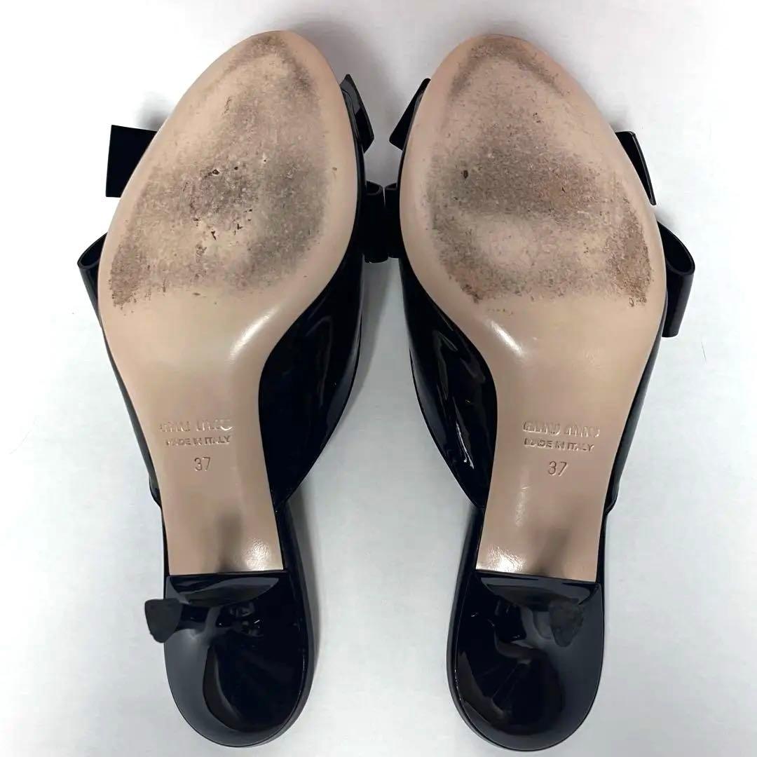 ミュウミュウ リボンサンダル パテントレザー ミュール 箱付き ブラック