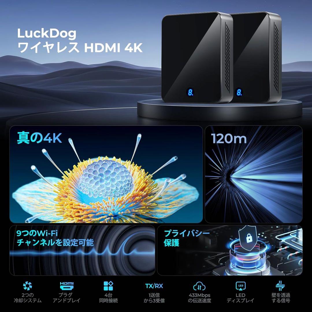 ワイヤレスhdmi 4K出力プライバシー保護120M安定転送距離 プロジェクター