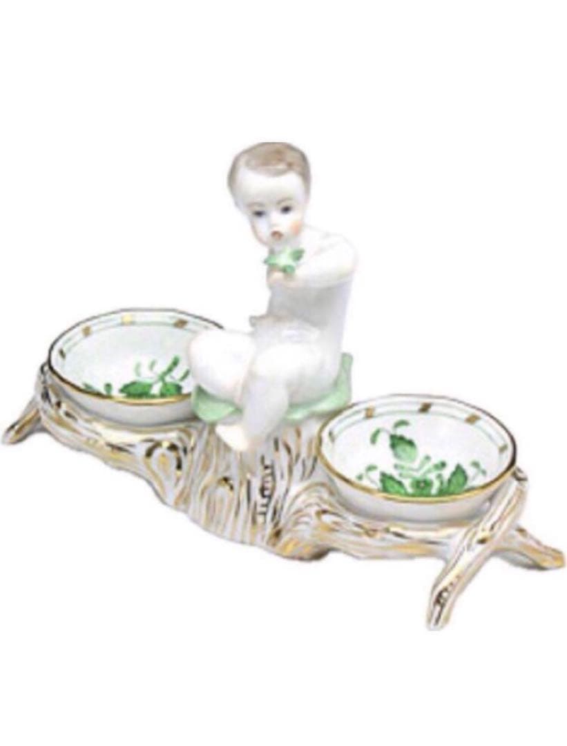 HEREND ヘレンドアポニーグリーンエンジェルセラーソルト＆ペッパー天使皿レア