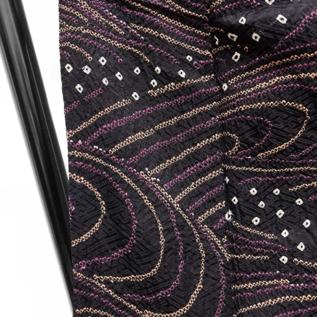 小紋　総絞り　流水　鹿の子　ブラック　黒地　お洒落　着物　124a d