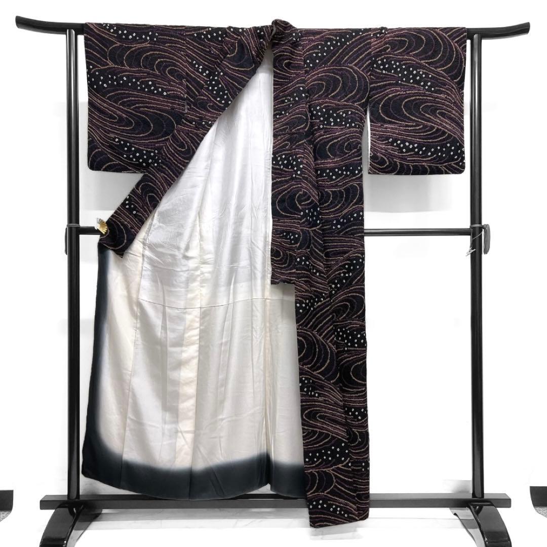 小紋　総絞り　流水　鹿の子　ブラック　黒地　お洒落　着物　124a d