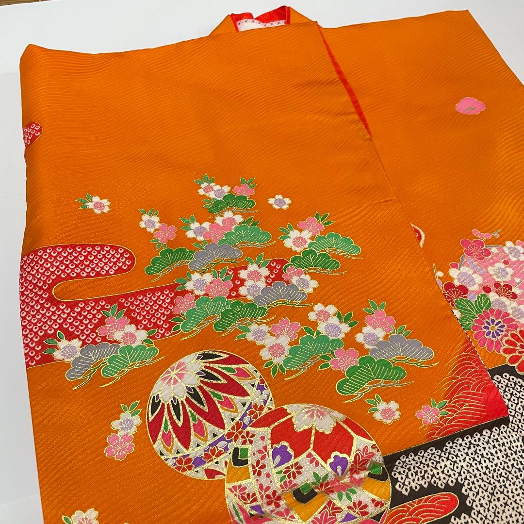 縁起の良い扇柄の七五三 7歳 着物 袋帯 長襦袢 小物セット オレンジ グリーン