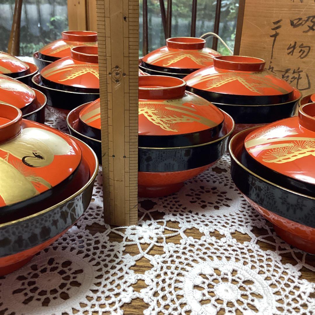 k2f18 漆器 蓋付き椀 セット 金色の鶴　10客