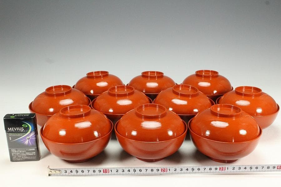 平安象彦製 朱塗刷毛目 蓋蒔絵 椀 十客 美品 共箱(K-A751)