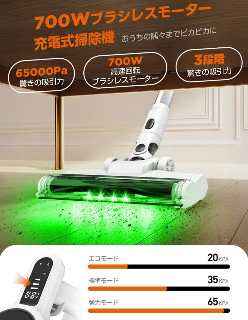 掃除機2025革新モデルグリーンLEDライト付&65KPa超強力吸引&LED液晶