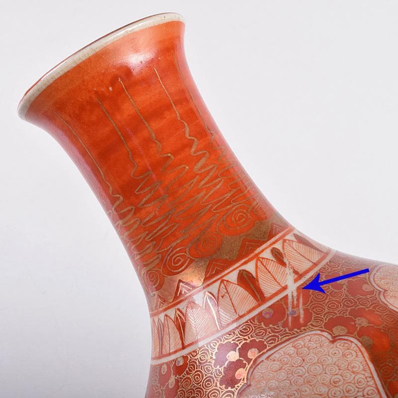 九谷焼　古九谷　赤絵金彩　瓔珞文　六角大徳利　一對　長壽箱付　G　R8975B