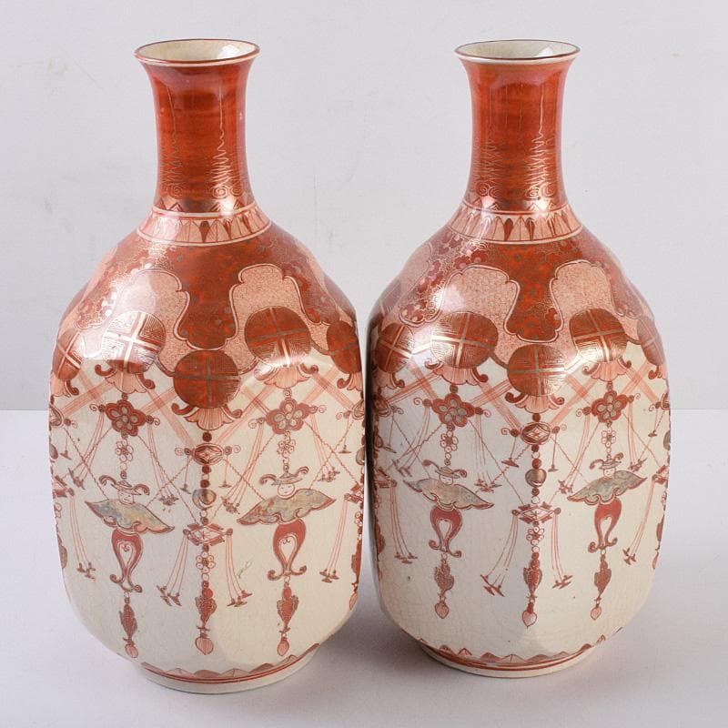 九谷焼　古九谷　赤絵金彩　瓔珞文　六角大徳利　一對　長壽箱付　G　R8975B