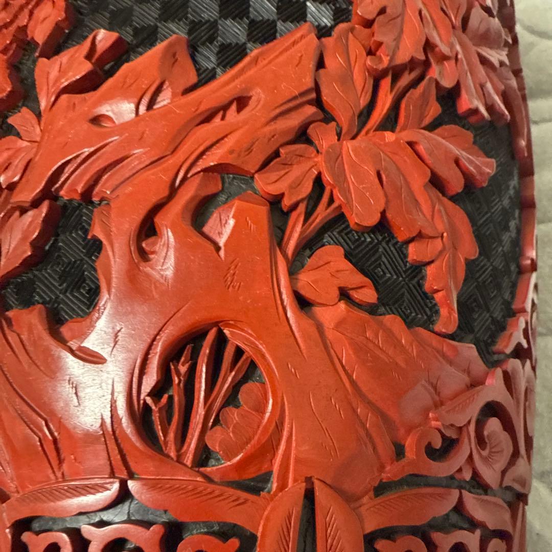 中国美術 大花瓶 堆朱 堆黑 花鳥 唐木台 紫檀 花梨 一輪挿し美品