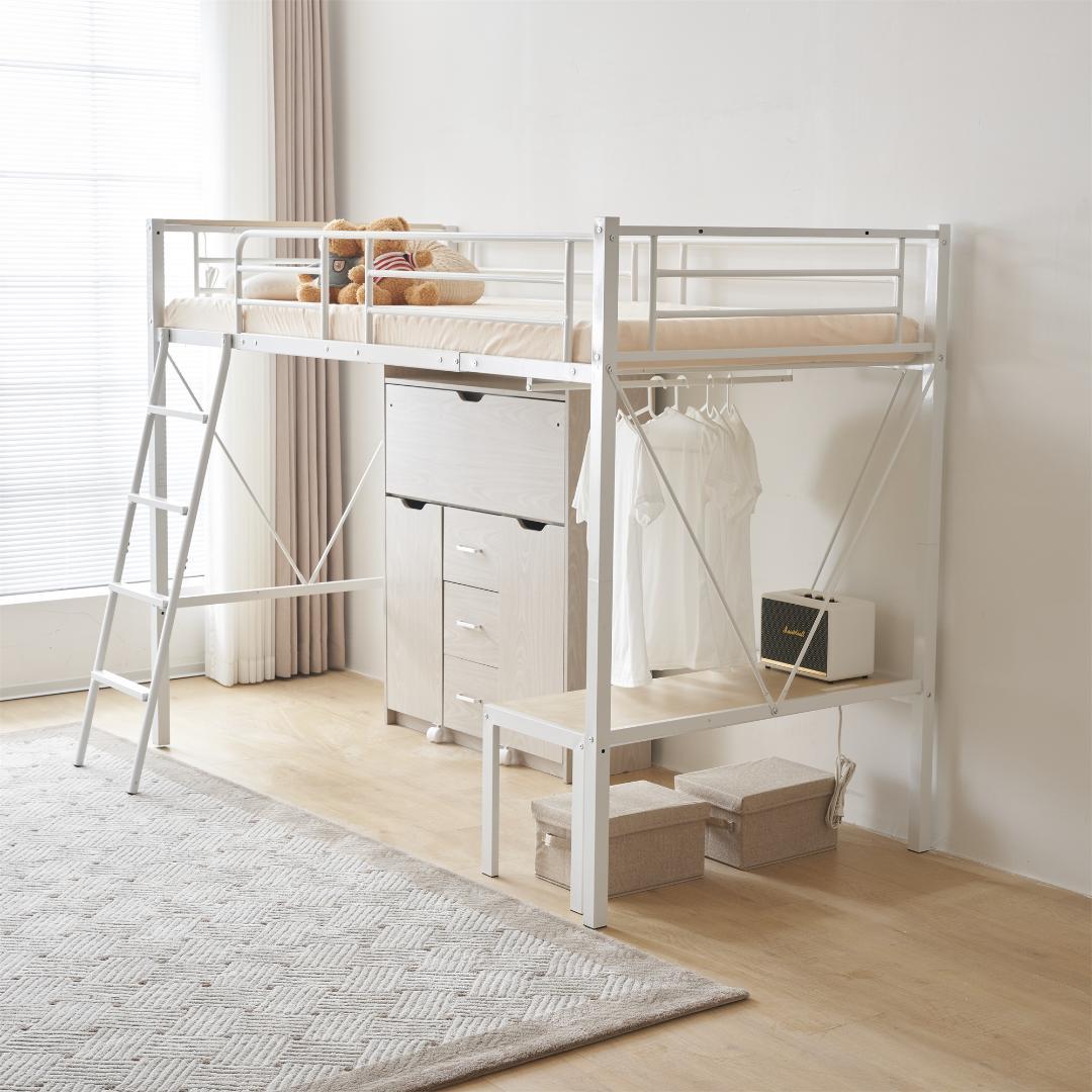 人気再入荷！ロフトベッド（S）コンセント・ローデスク付き耐荷重150kgホワイト
