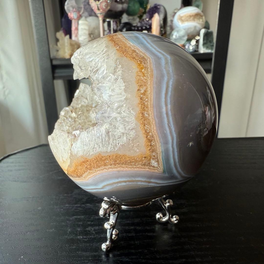 天然石瑪瑙の笑い口　置物　スフィア　丸玉NO.012402