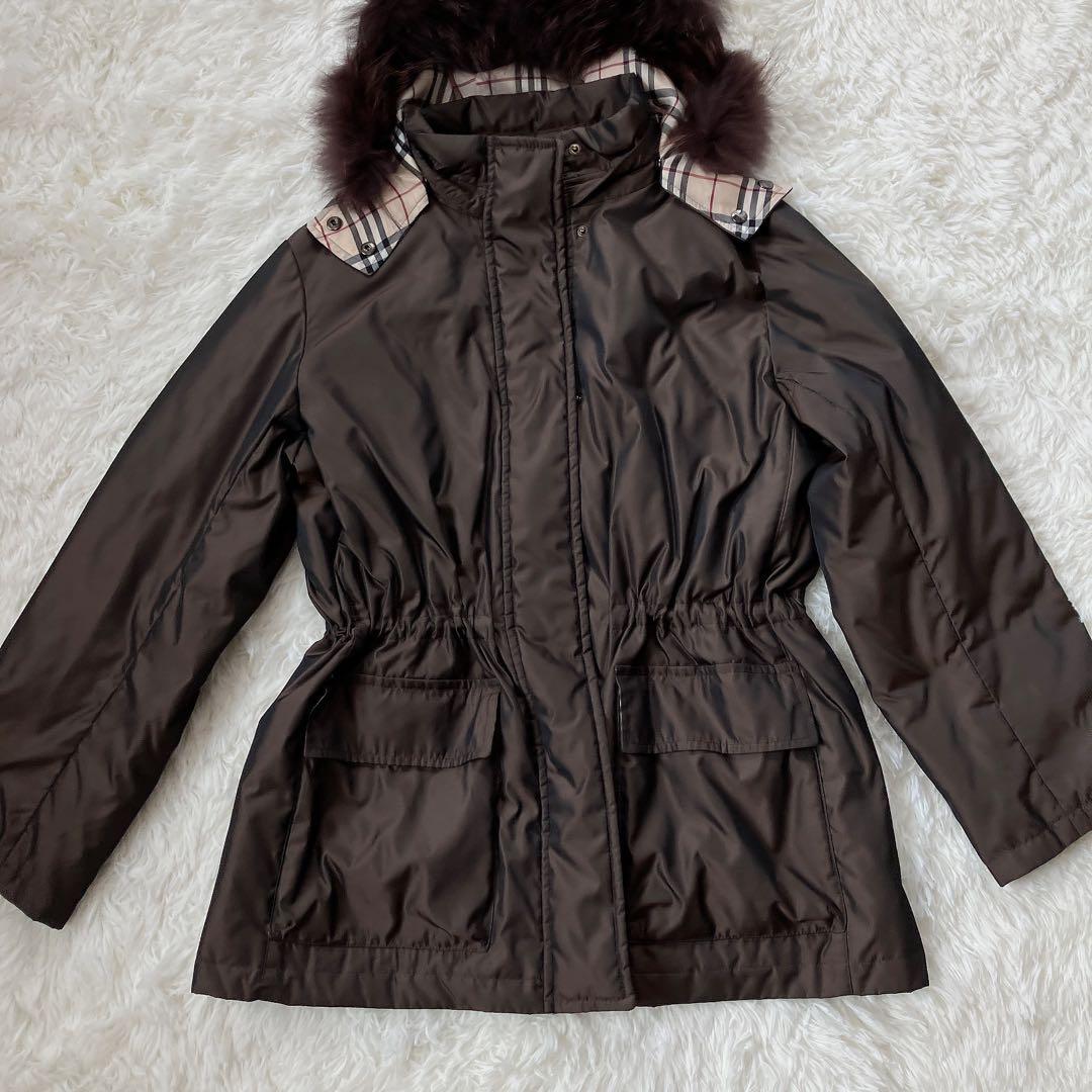 希少　バーバリーロンドン　モッズコート　ノバチェック　リアルファー　ダウン