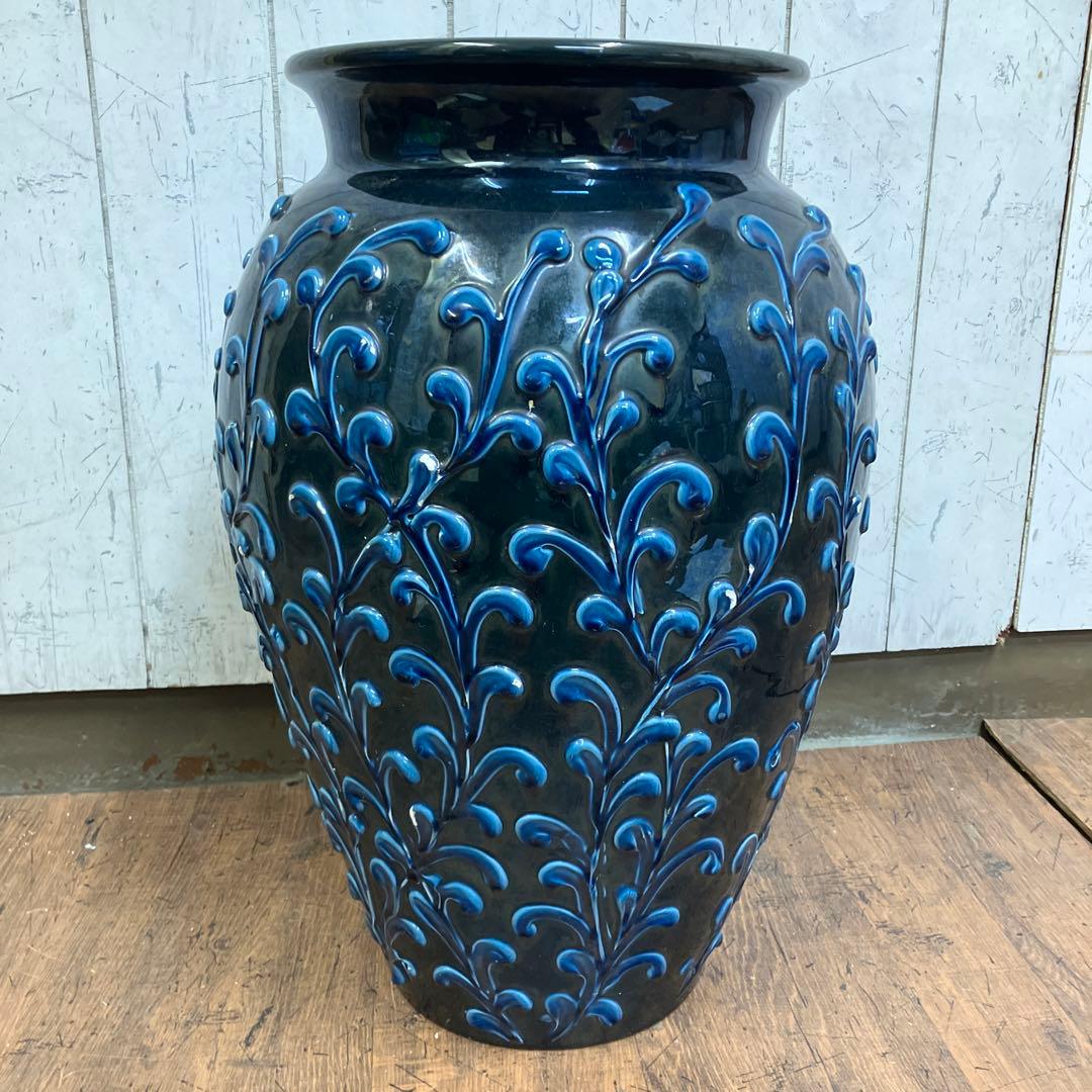 C-壁 壺 花瓶 大型鉢 イタリア製 釉薬 唐草模様 床置き ネイビー 陶器