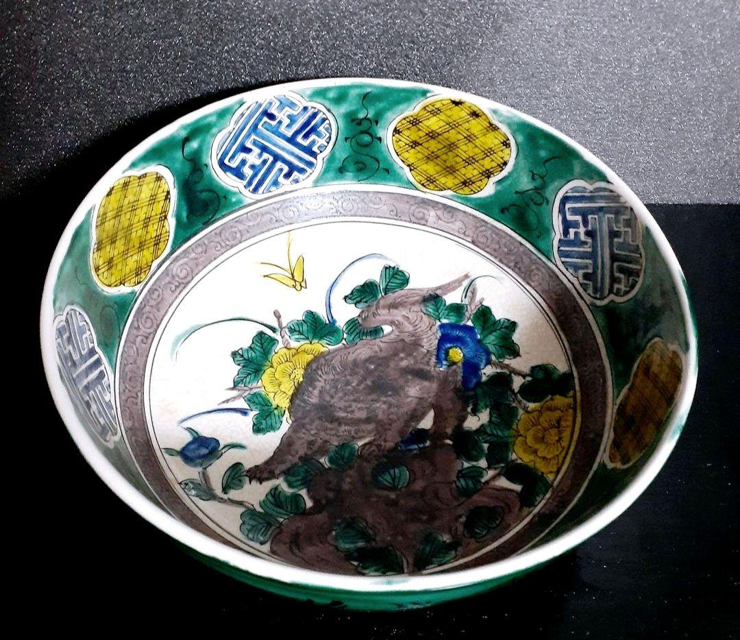 【名品❗】江戸後期～明治初期　再興九谷　青手九谷　獅子に牡丹図　20.5cm鉢