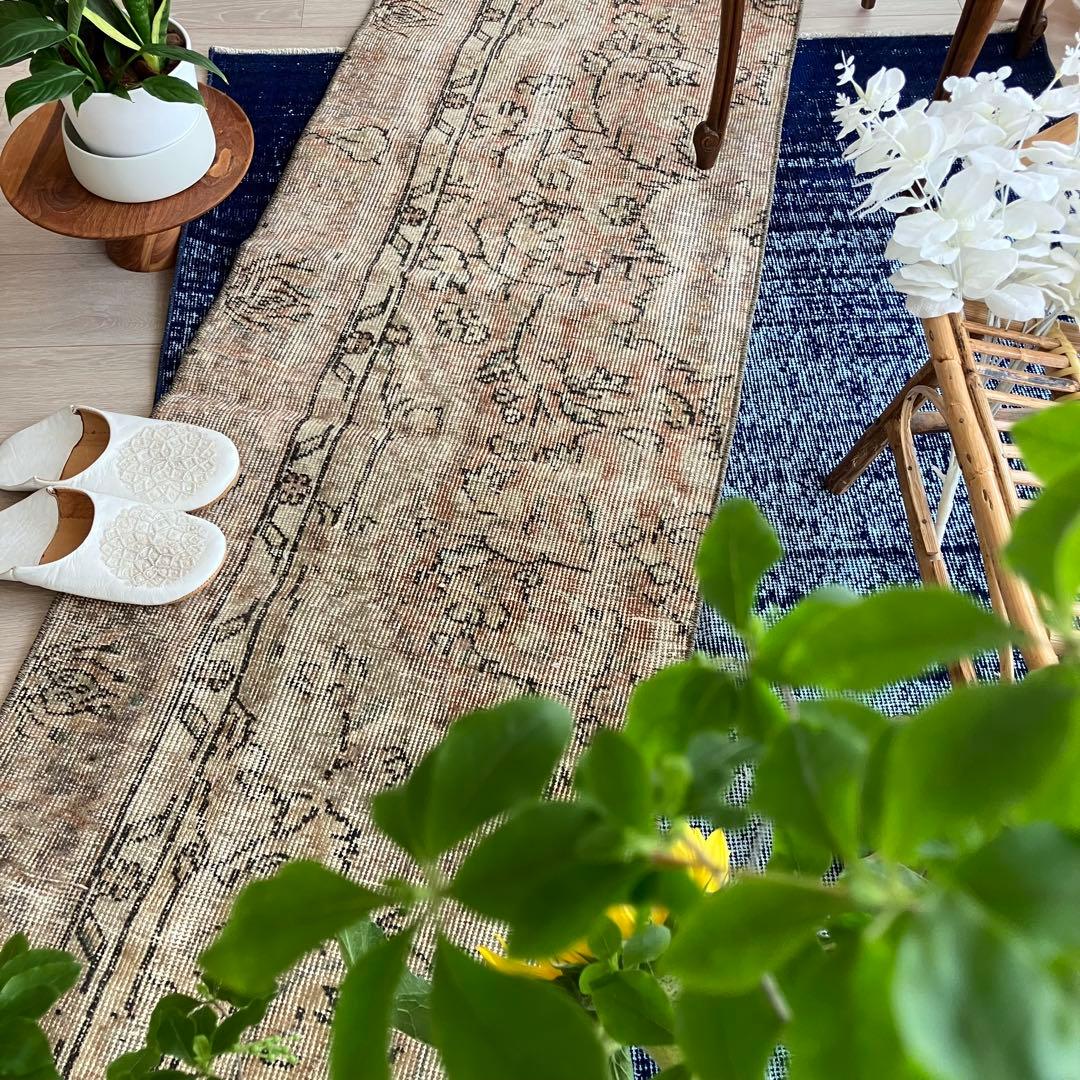 ペールベージュピンク58×189フラワーライン　ランナー　トルコヴィンテージラグ