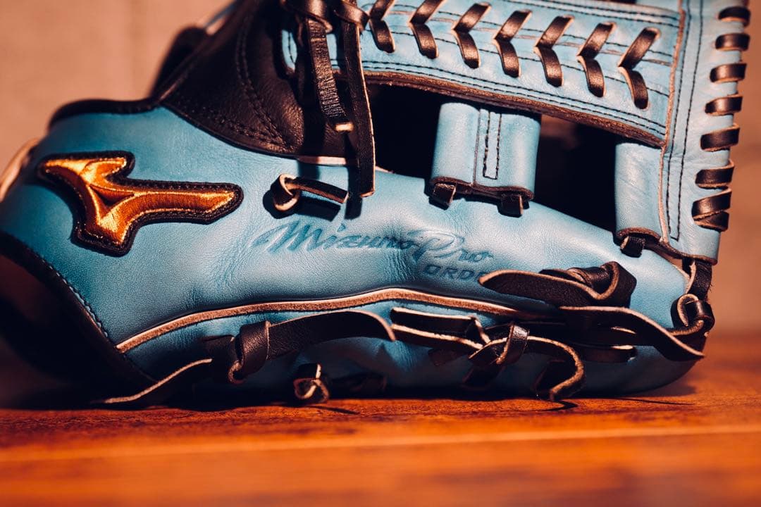 筋*ン様 ミズノプロ （Mizuno Pro）硬式内野手用 グラブ 黒×水色　波