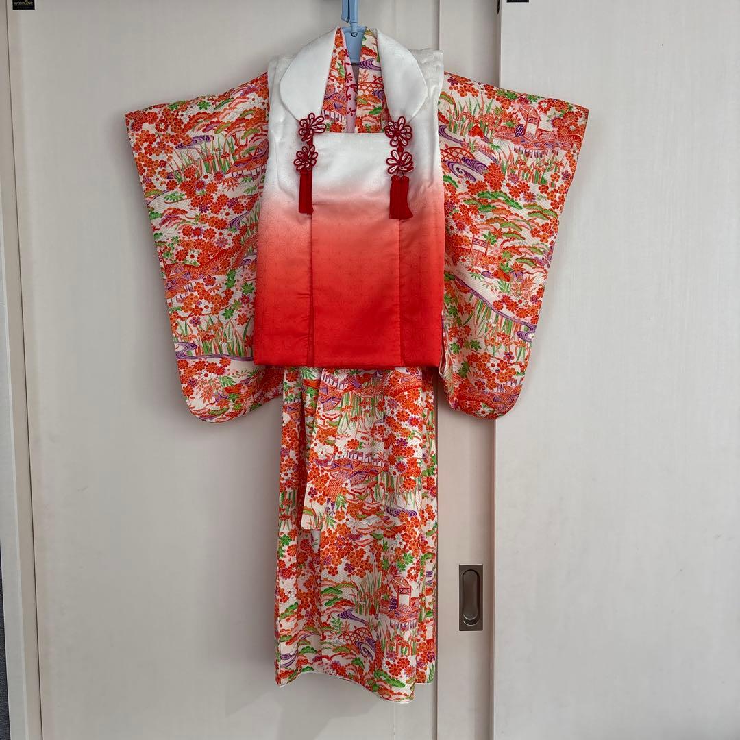 レトロ　総柄　正絹　七五三着物　3歳　女の子　被覆　襦袢付き　3点セット