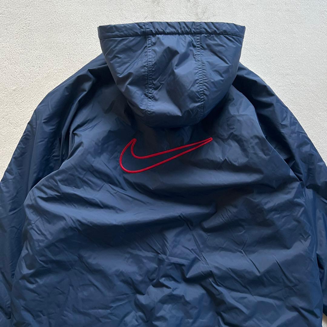 NIKE ナイキ 160㎝ ベンチコート 裏ボア 紺ネイビー 赤レッド 刺繍ロゴ