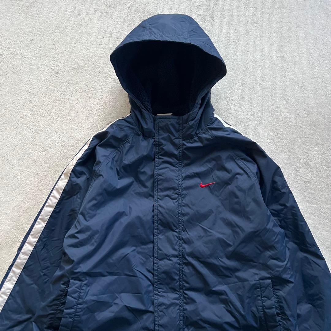 NIKE ナイキ 160㎝ ベンチコート 裏ボア 紺ネイビー 赤レッド 刺繍ロゴ