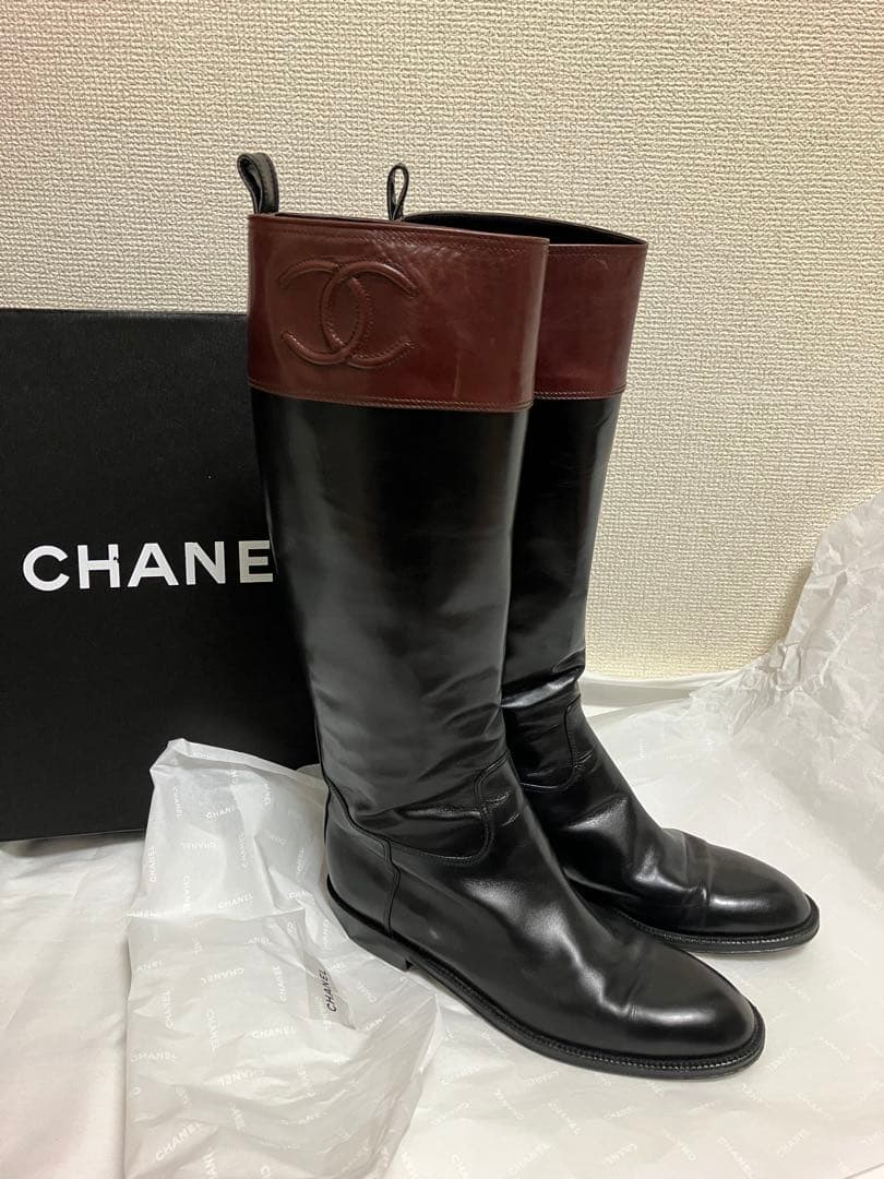 美品CHANELサイドココマーク バイカラー　ロングブーツ/ジョッキーブーツ