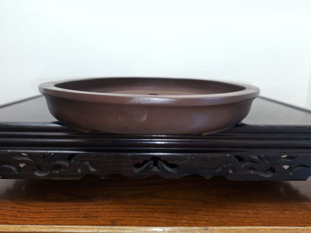 陶器製楕円形盆栽鉢 約48cm x 36cm×5cm　山秋　薄型・大型盆栽鉢