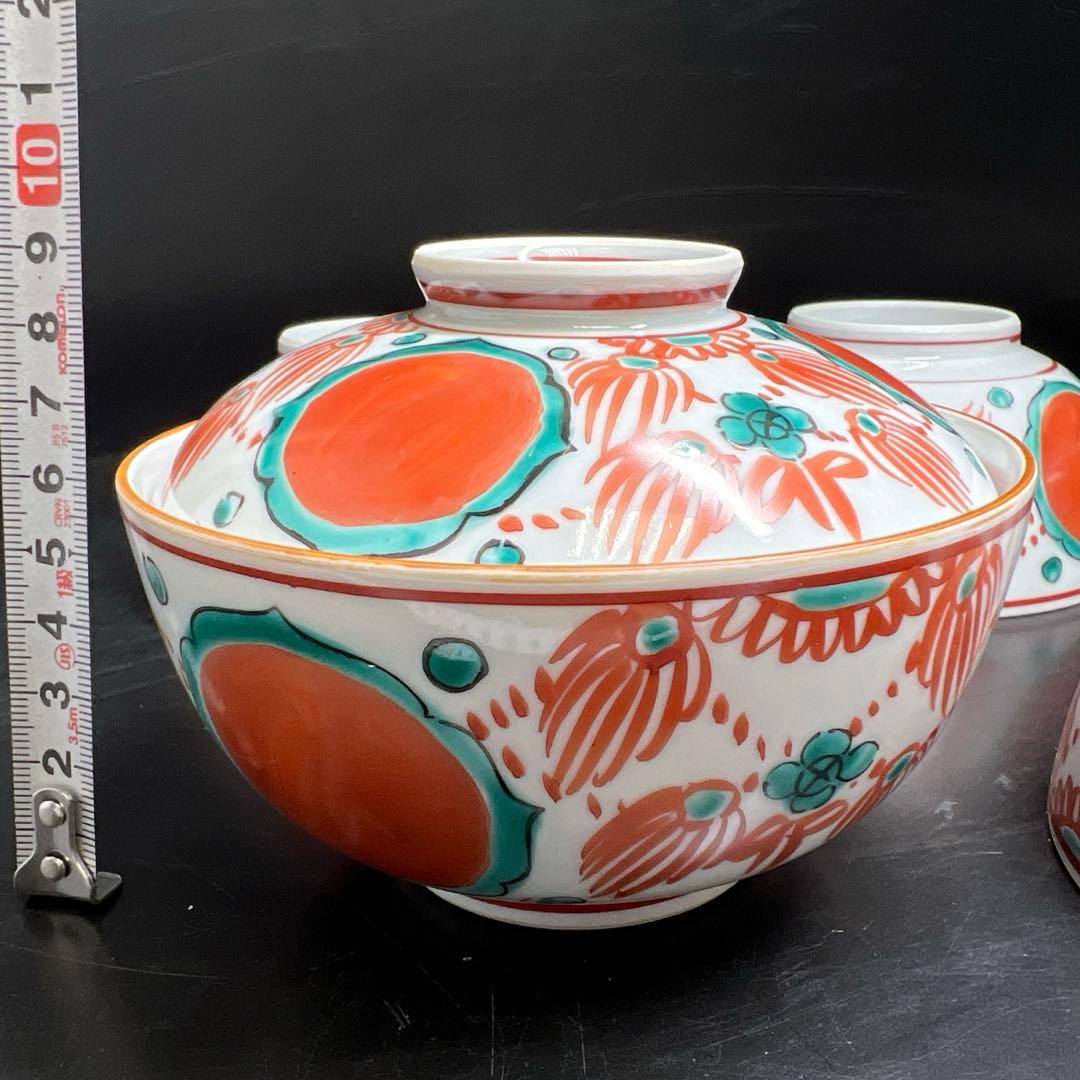 平安馬場京泉　穎川写赤絵蓋向付5客　共箱　身口径12.4㎝東Y7-0926⭐︎2F