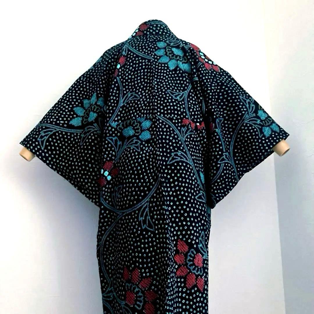 有松絞り　浴衣　手縫い上質浴衣　美品　黒・ターコイズNo.2-130