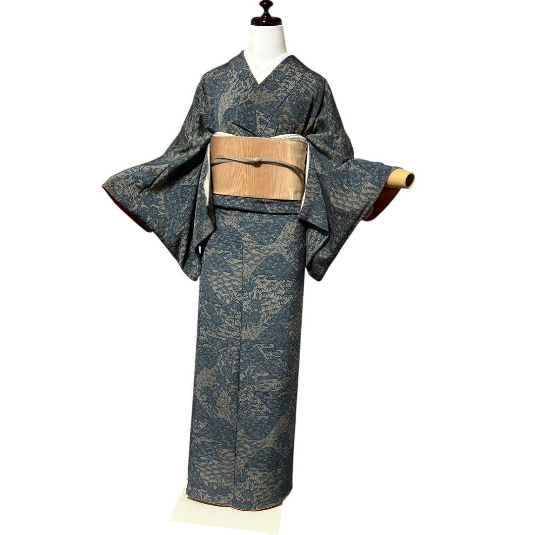 r*e様 美品　袷　正絹　型染め　縮緬　小紋　フルセット　作家塩瀬　粋　大人着物