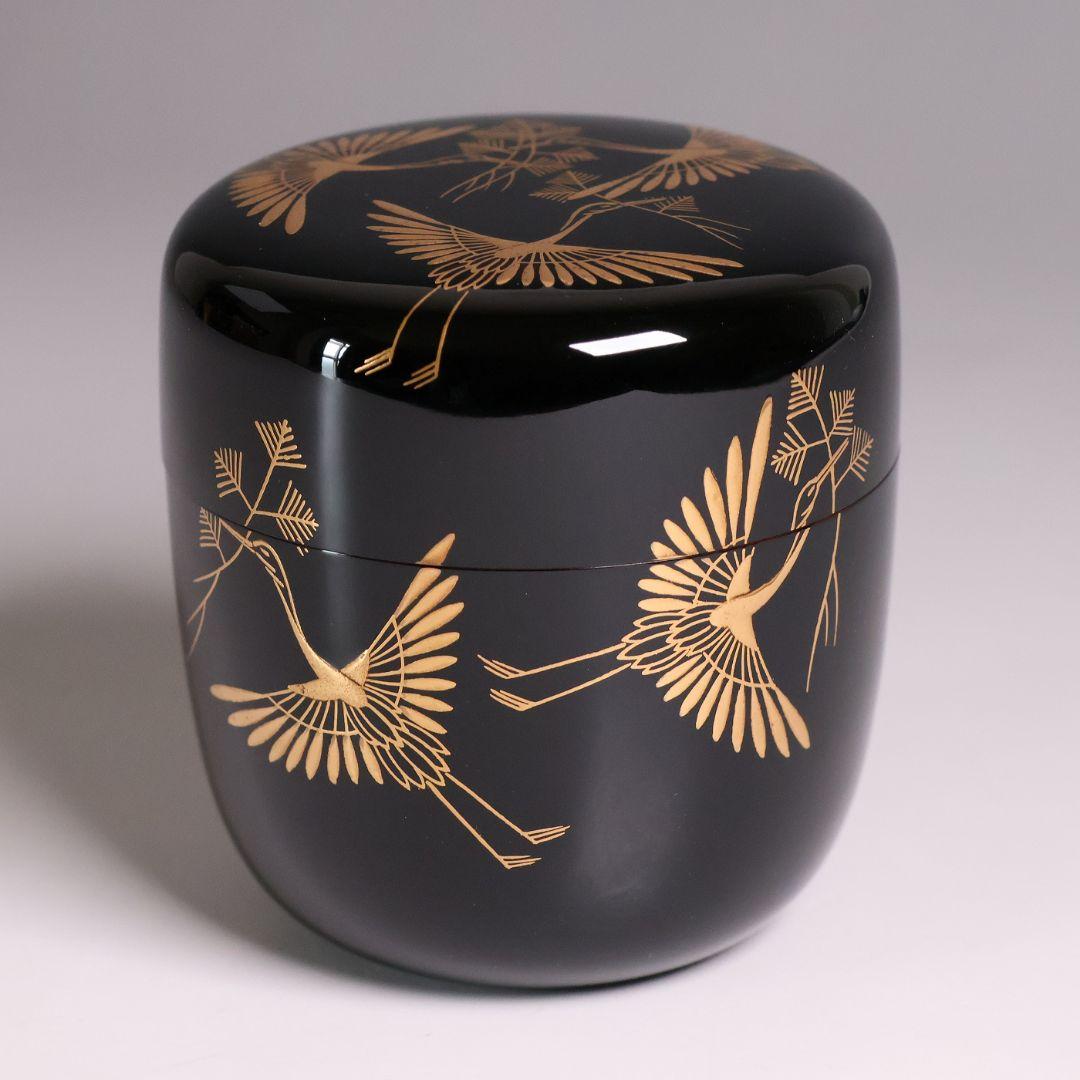 茶道具 新井司平「松喰鶴蒔絵」大棗 尋牛斎・書付 金蒔絵 木製【MA869】