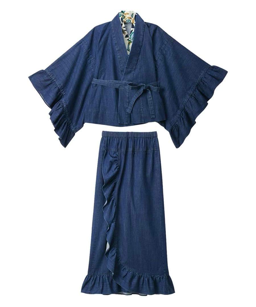 本日値下げ激レア高見え❣️綿100％デニム浴衣(花柄半襟付き) GEVS.＋帯付き