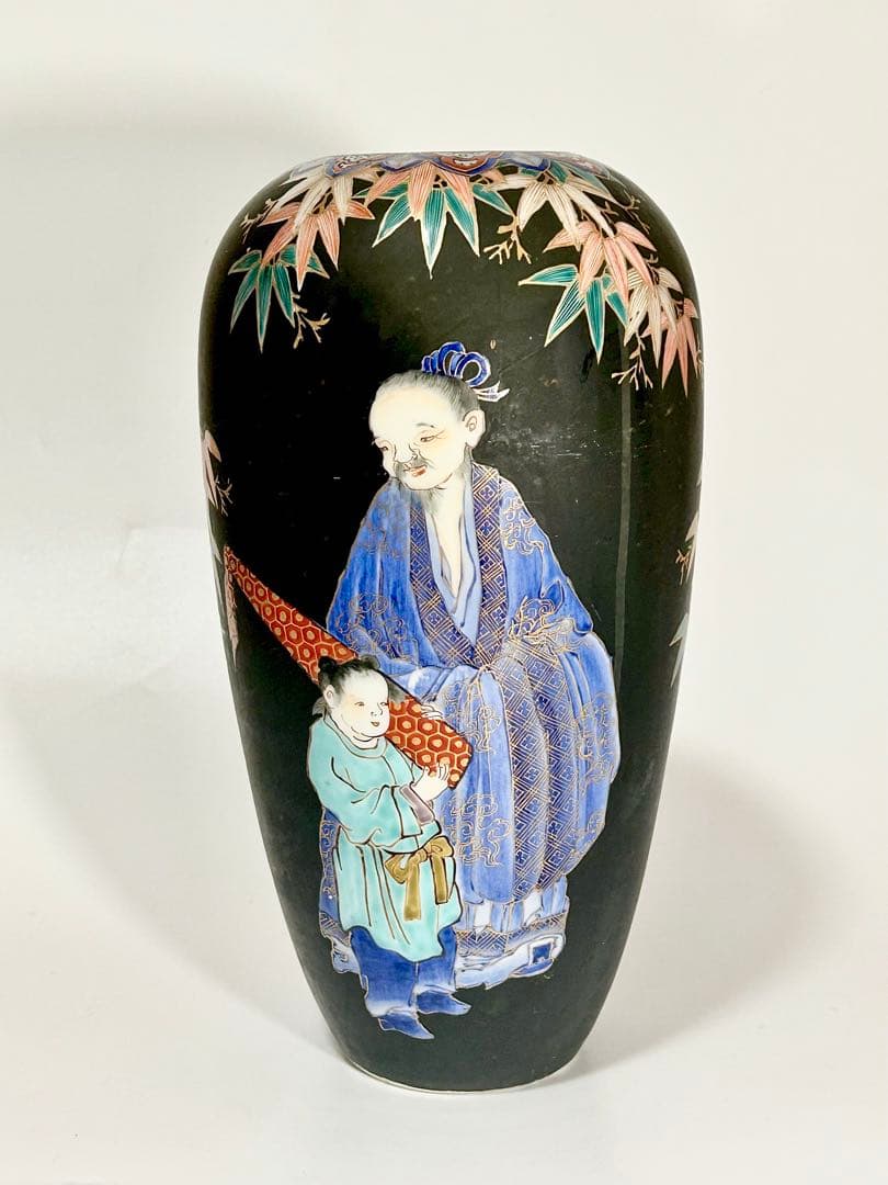 明治初期 香蘭社 褐地色絵竹林賢人図花瓶 有田焼 伊万里