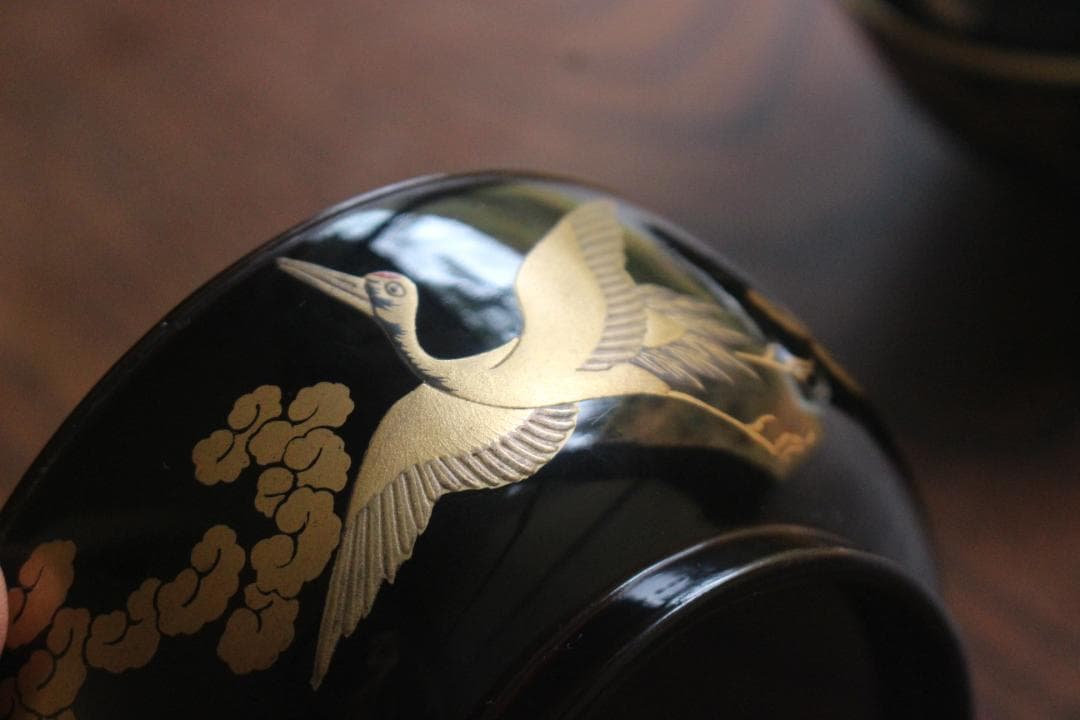 高台縁傷のみ！時代金縁黒漆に極上雲鶴蒔絵の映える煮物椀2点（検京塗輪島塗雑煮椀