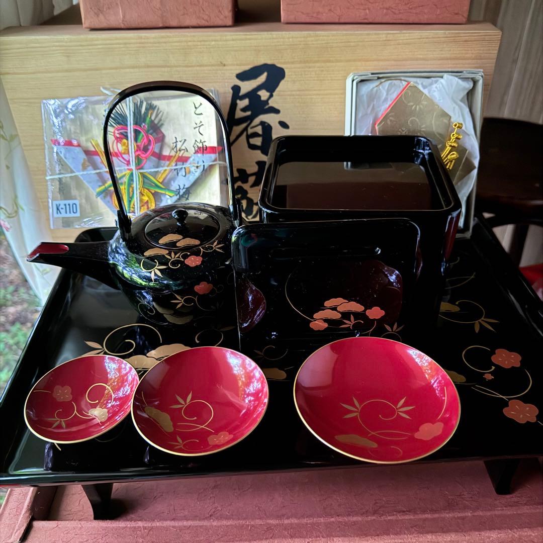 超限定1月21日20時迄‼️JAPAN天然木会津塗お屠蘇器蒔絵松竹梅四ッ揃杉箱入
