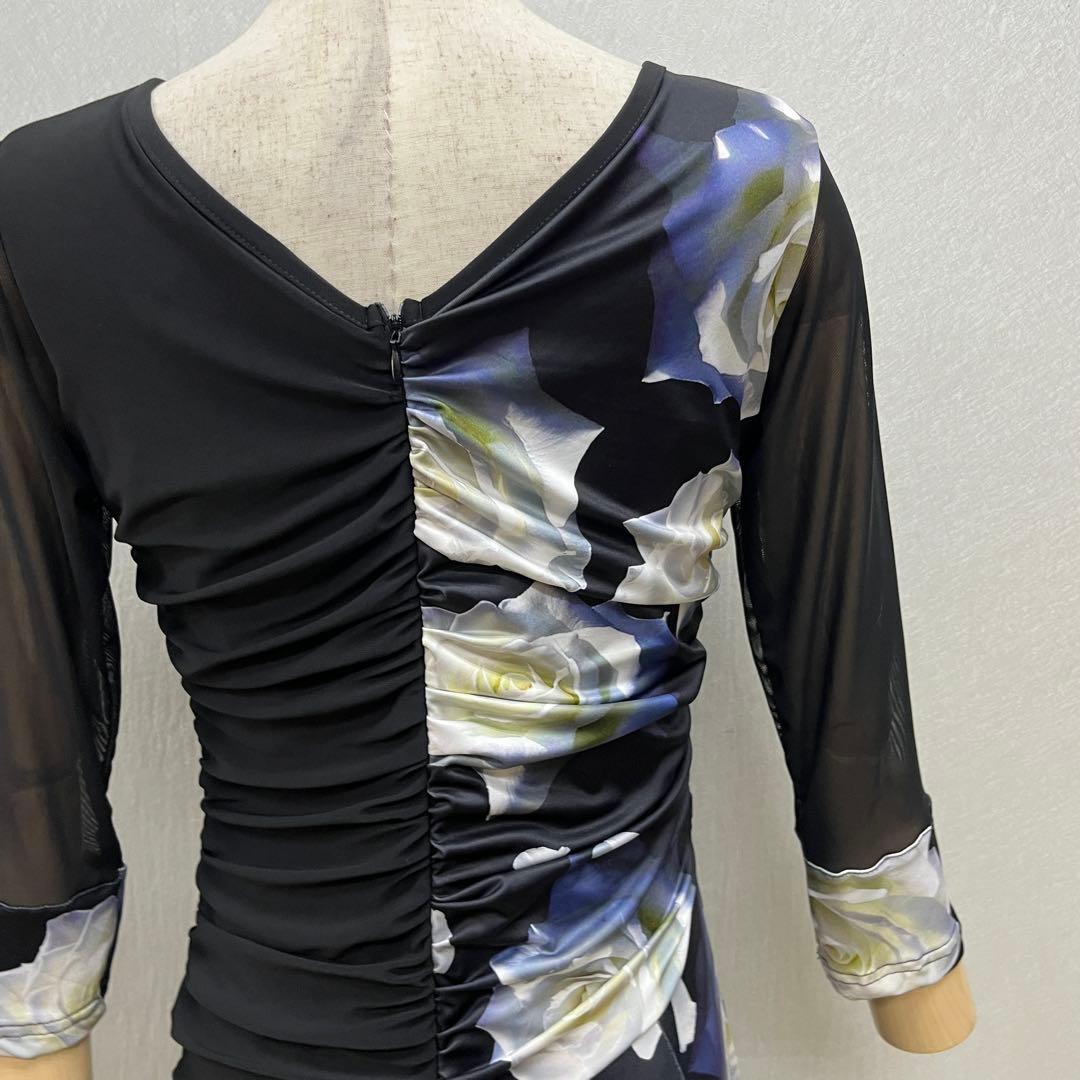 新品 社交ダンス ワンピース ブラック バラ柄　プリント サイズML