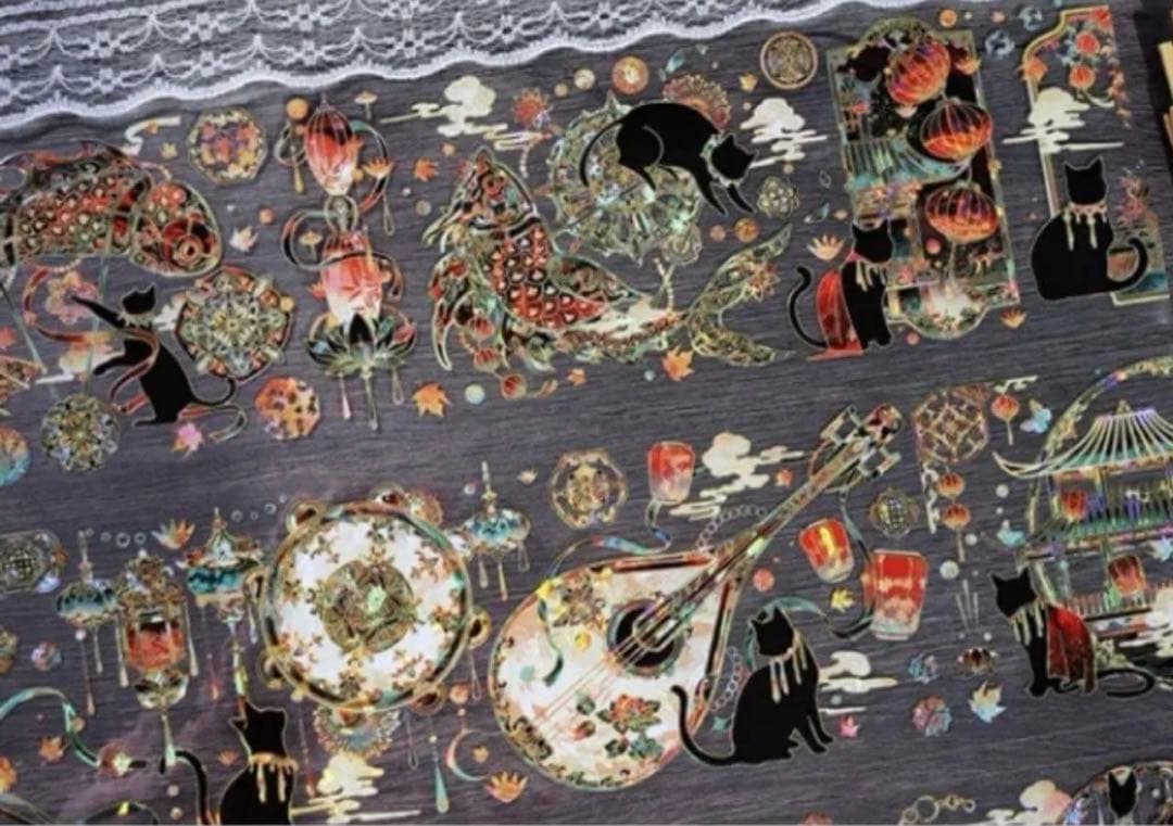 贝壳光 7.5cm×10m 国潮-唐 海外マスキングテープ ネコ　和柄