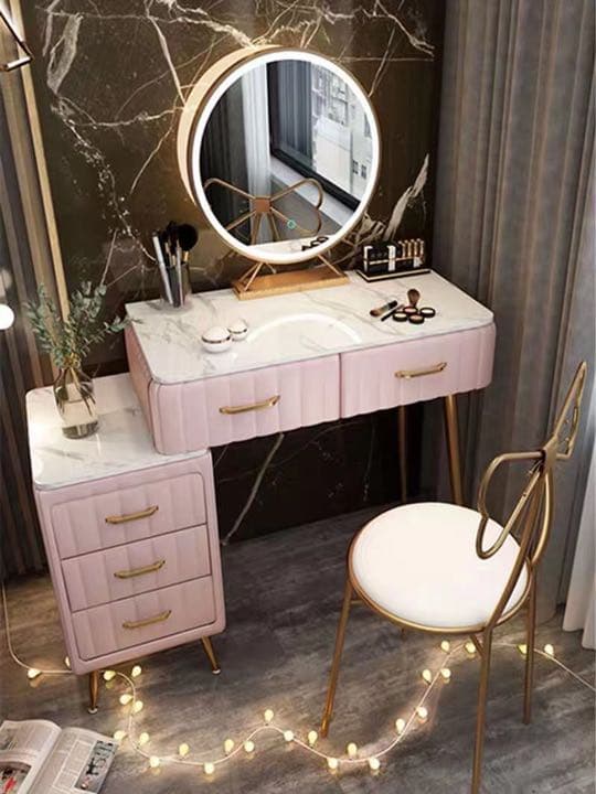 オシャレドレッサー　グリーン　デスク引き出し2杯LEDミラー　椅子　棚4点セット