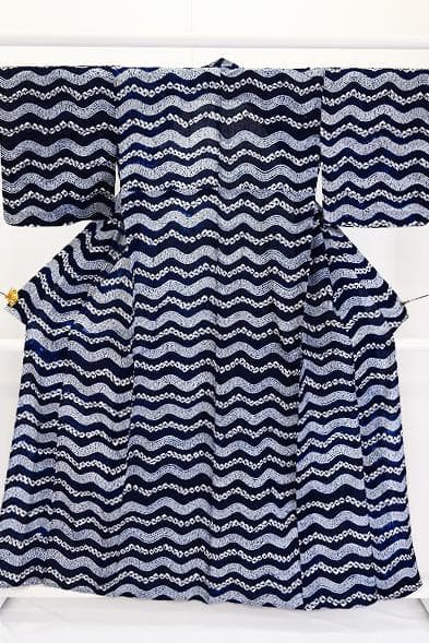 ★専用★美品 浴衣 有松絞り バチ衿 紺 波線 身丈159cm お洒落 夏 伝統